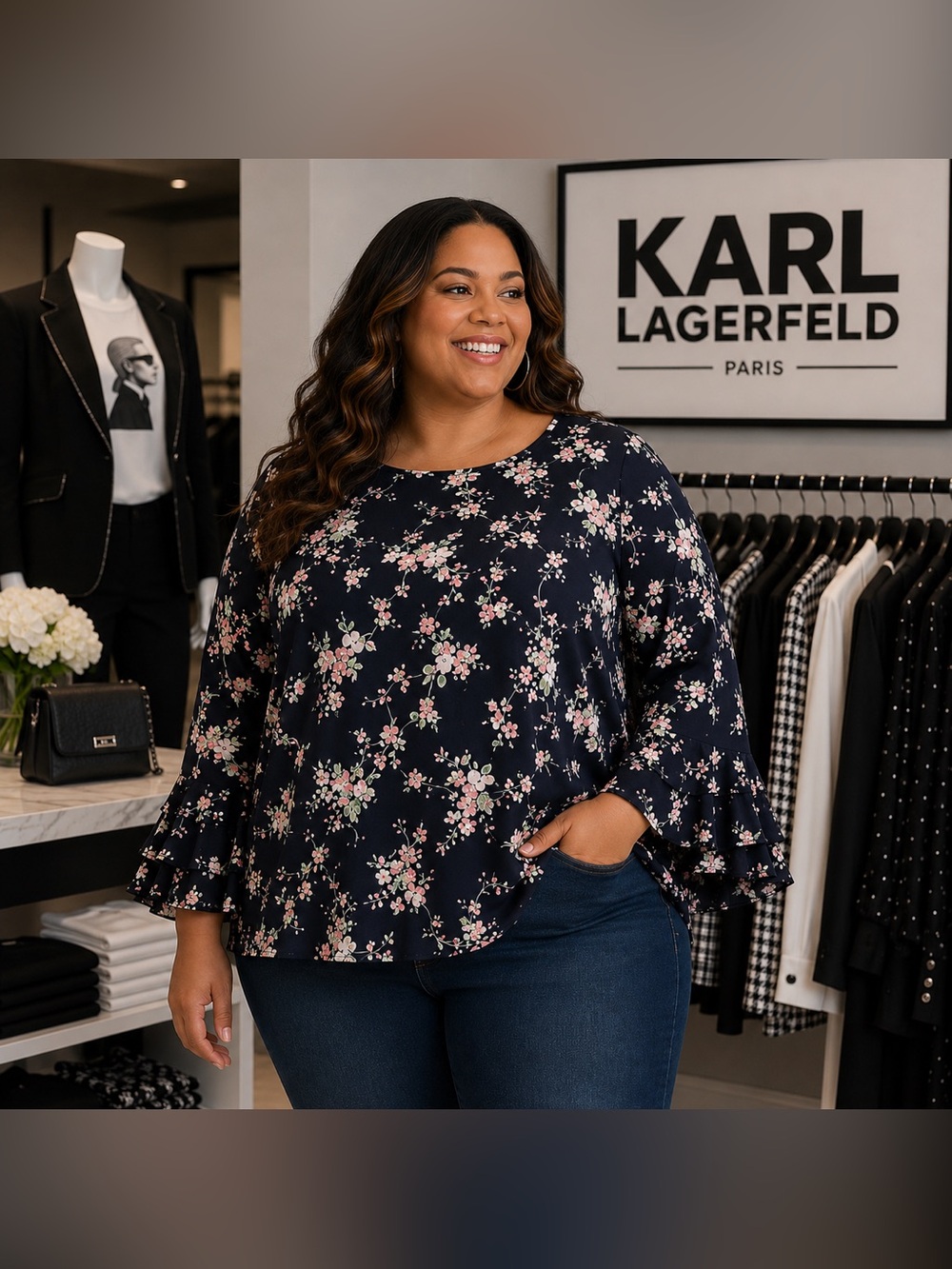 Karl Lagerfeld Paris Navy Floral Top (3X)